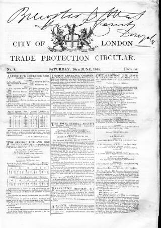 cover page of City of London Trade Protection Circular published on June 10, 1848