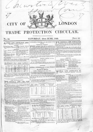 cover page of City of London Trade Protection Circular published on June 24, 1848