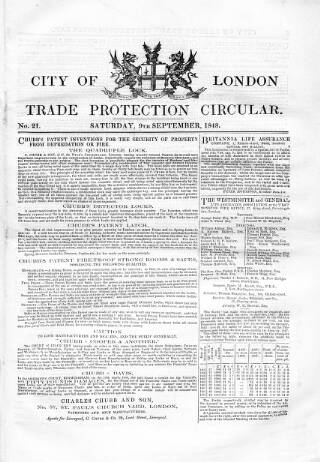 cover page of City of London Trade Protection Circular published on September 9, 1848