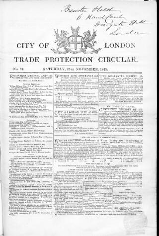 cover page of City of London Trade Protection Circular published on November 25, 1848