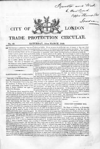 cover page of City of London Trade Protection Circular published on March 24, 1849