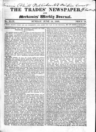 cover page of Trades' Free Press published on June 18, 1826