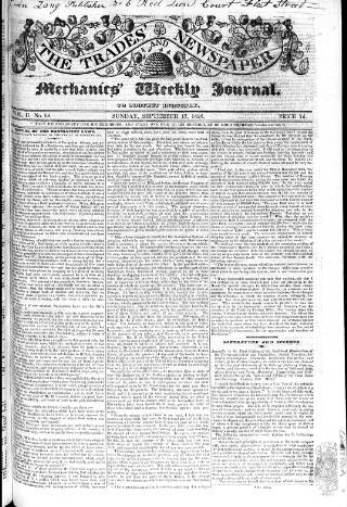 cover page of Trades' Free Press published on September 17, 1826