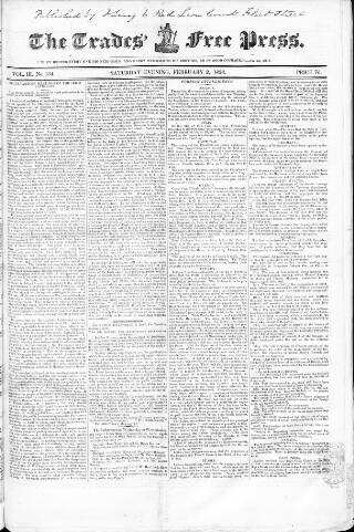 cover page of Trades' Free Press published on February 2, 1828