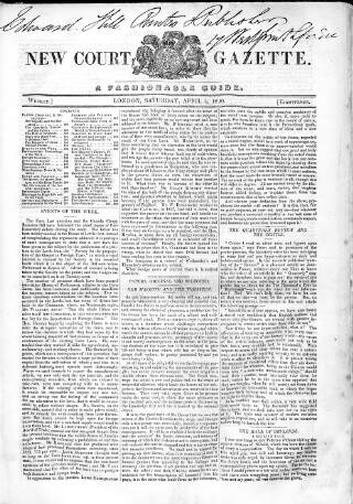 cover page of New Court Gazette published on April 4, 1840