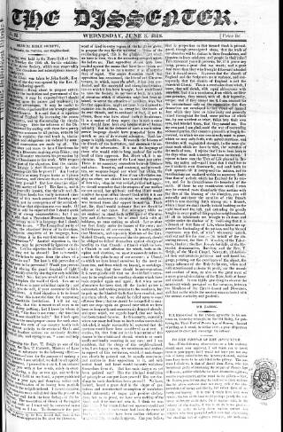 cover page of Dissenter published on June 3, 1812