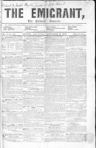 cover page of Emigrant and the Colonial Advocate published on September 16, 1848