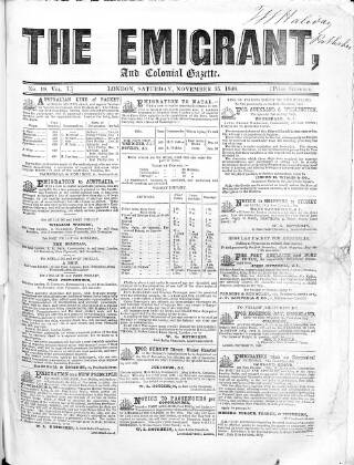 cover page of Emigrant and the Colonial Advocate published on November 25, 1848