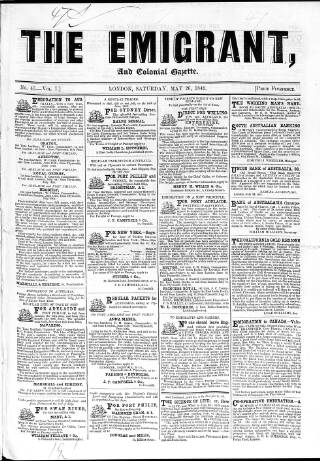 cover page of Emigrant and the Colonial Advocate published on May 26, 1849