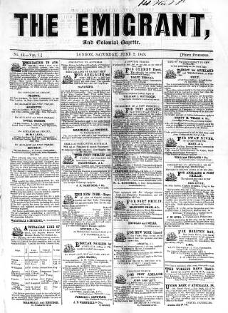 cover page of Emigrant and the Colonial Advocate published on June 2, 1849