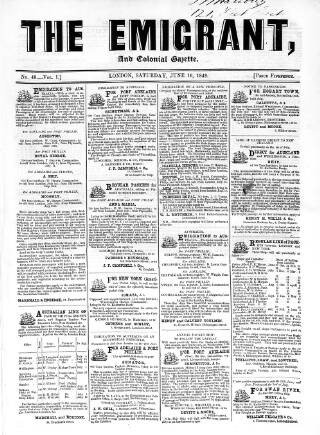 cover page of Emigrant and the Colonial Advocate published on June 16, 1849