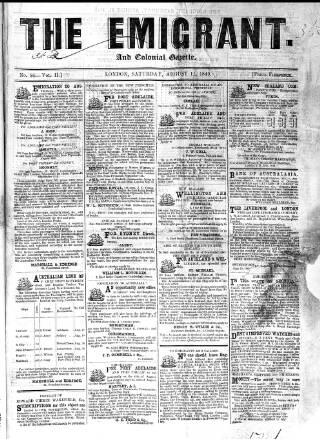 cover page of Emigrant and the Colonial Advocate published on August 11, 1849