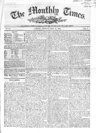cover page of Monthly Times published on May 25, 1846