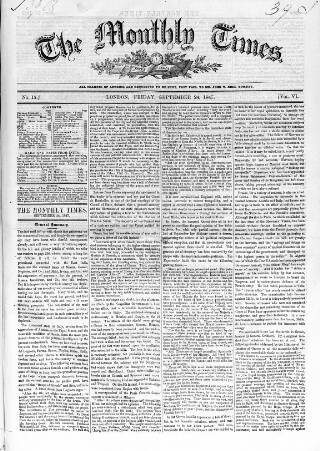 cover page of Monthly Times published on September 24, 1847