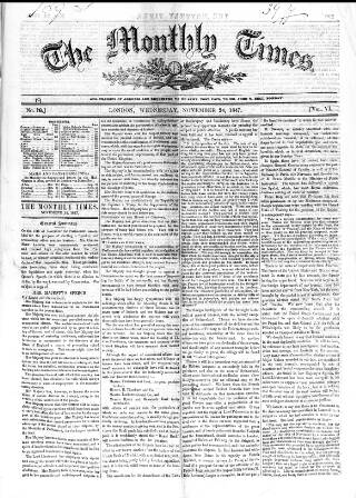 cover page of Monthly Times published on November 24, 1847