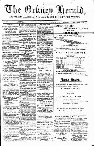 cover page of Orkney Herald, and Weekly Advertiser and Gazette for the Orkney & Zetland Islands published on August 2, 1899