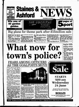 cover page of Staines & Ashford News published on June 18, 1998