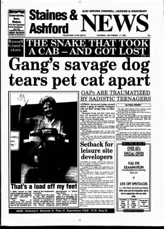 cover page of Staines & Ashford News published on September 17, 1998