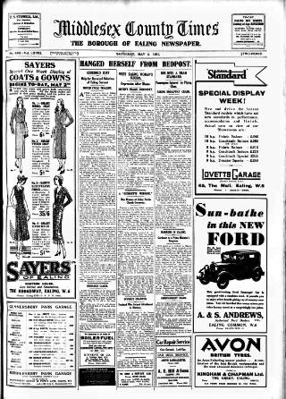 cover page of Middlesex County Times published on May 2, 1931