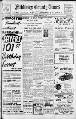 cover page of Middlesex County Times published on March 19, 1938