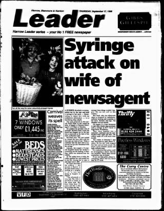 cover page of Harrow Leader published on September 17, 1998