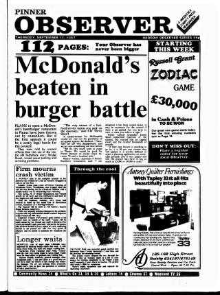 cover page of Pinner Observer published on September 17, 1987