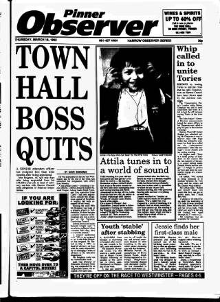 cover page of Pinner Observer published on March 19, 1992