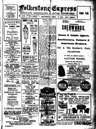 cover page of Folkestone Express, Sandgate, Shorncliffe & Hythe Advertiser published on September 17, 1921