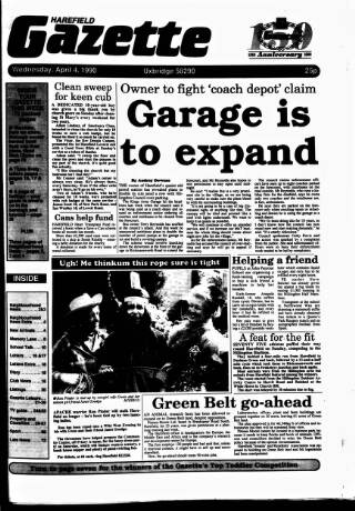cover page of Harefield Gazette published on April 4, 1990