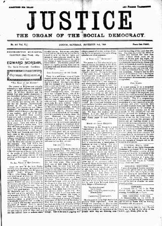 cover page of Justice published on November 2, 1889