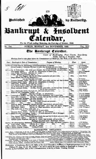 cover page of Bankrupt & Insolvent Calendar published on November 2, 1846
