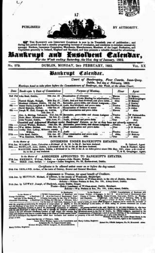 cover page of Bankrupt & Insolvent Calendar published on February 2, 1852