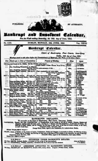 cover page of Bankrupt & Insolvent Calendar published on June 18, 1855