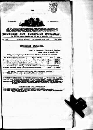 cover page of Bankrupt & Insolvent Calendar published on September 17, 1855