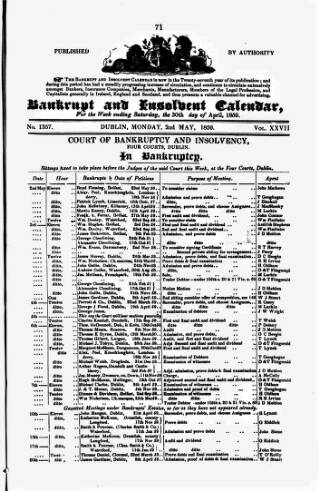 cover page of Bankrupt & Insolvent Calendar published on May 2, 1859
