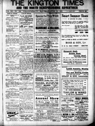 cover page of Kington Times published on June 18, 1921