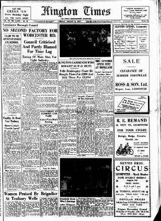 cover page of Kington Times published on August 2, 1957