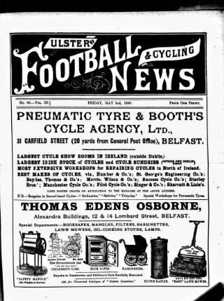 cover page of Ulster Football and Cycling News published on May 2, 1890