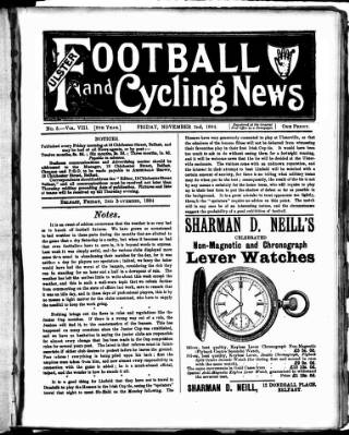 cover page of Ulster Football and Cycling News published on November 2, 1894