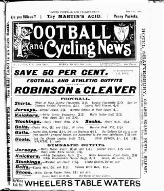 cover page of Ulster Football and Cycling News published on March 29, 1895