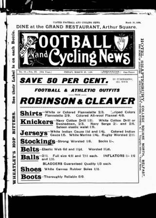 cover page of Ulster Football and Cycling News published on March 20, 1896