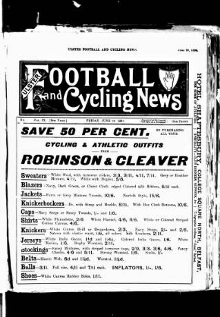 cover page of Ulster Football and Cycling News published on June 26, 1896