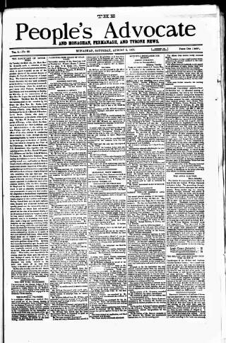 cover page of People's Advocate and Monaghan, Fermanagh, and Tyrone News published on August 2, 1879