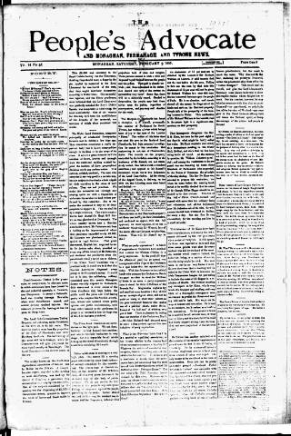 cover page of People's Advocate and Monaghan, Fermanagh, and Tyrone News published on February 2, 1889