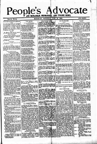 cover page of People's Advocate and Monaghan, Fermanagh, and Tyrone News published on June 18, 1892