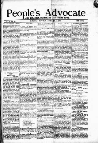 cover page of People's Advocate and Monaghan, Fermanagh, and Tyrone News published on November 2, 1895
