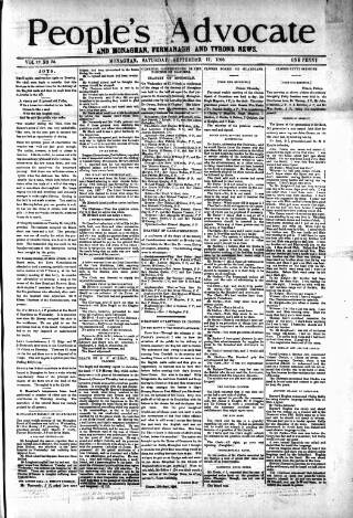 cover page of People's Advocate and Monaghan, Fermanagh, and Tyrone News published on September 17, 1898