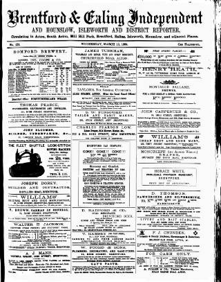cover page of Middlesex Independent published on March 19, 1884