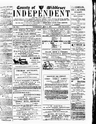 cover page of Middlesex Independent published on May 4, 1892