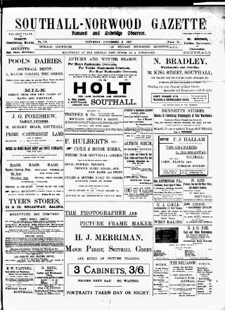 cover page of West Middlesex Gazette published on November 2, 1907